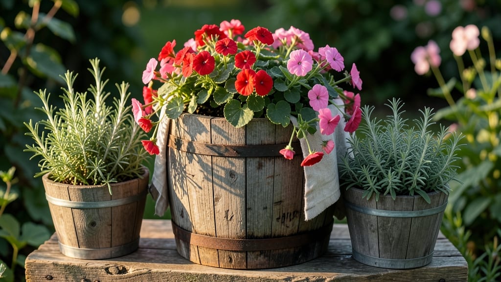 Wooden Barrel Planter Combo